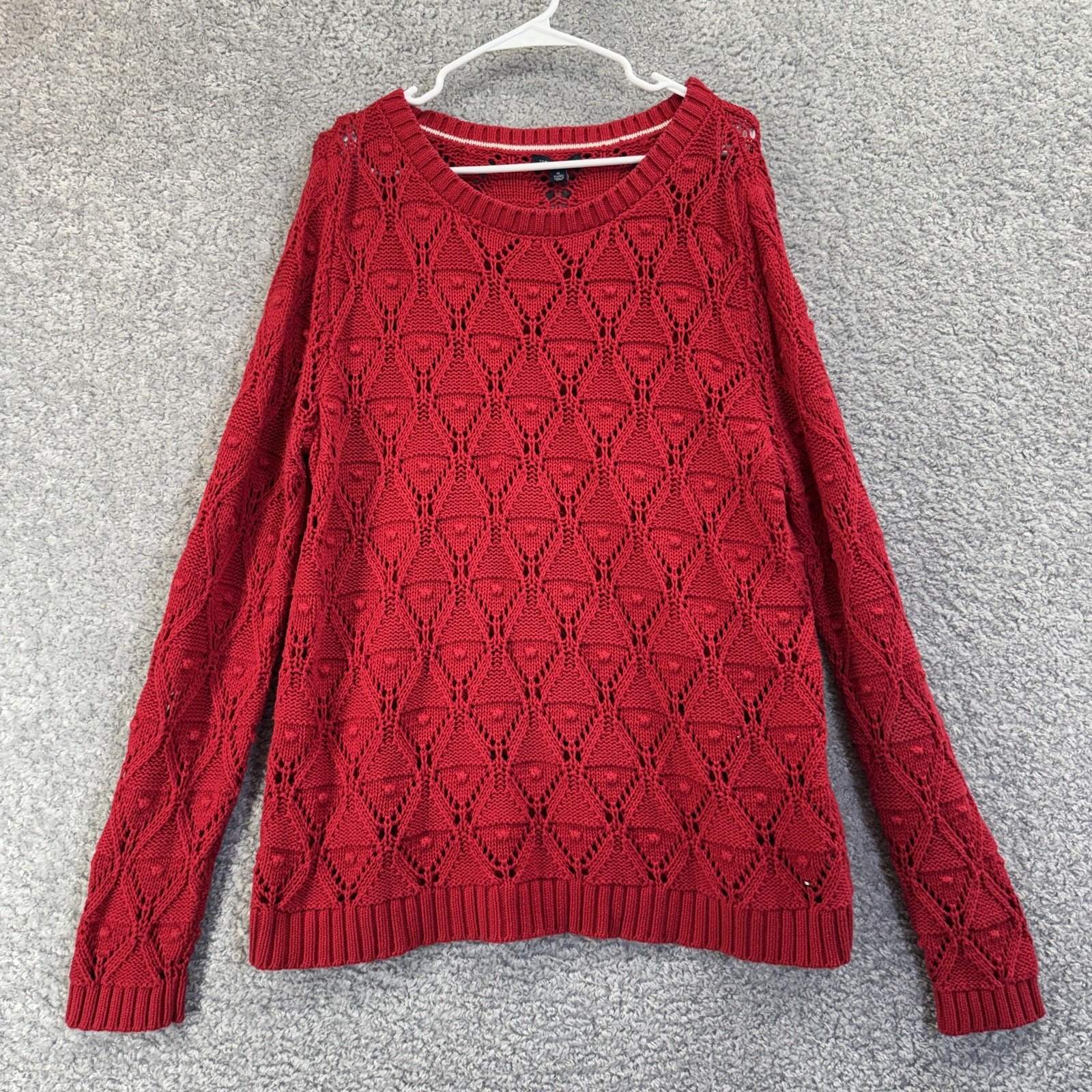 Tommy Hilfiger Sweater Womens Xl Red Pointelle Knit Cotton Crewneck Pullover